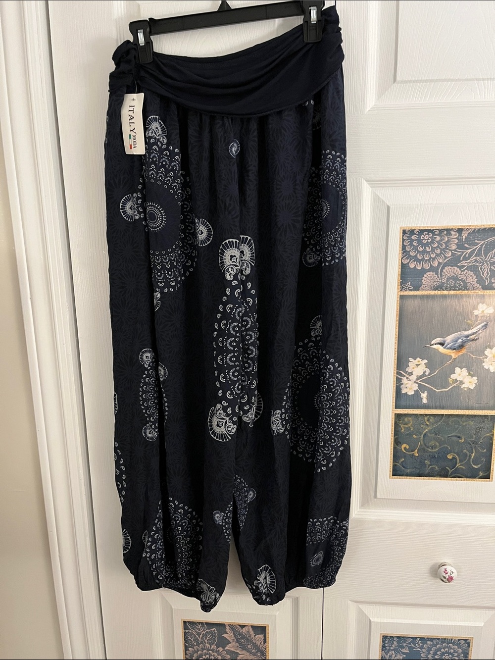 Navy Patterned Harem Pants with Fold-Over Waist